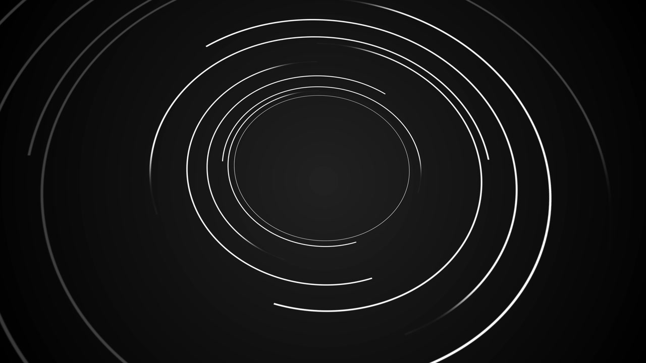 Tunnel ad anello circolare bianco e nero con archi di linea rotanti, profondità del centro scuro e movimento geometrico minimale