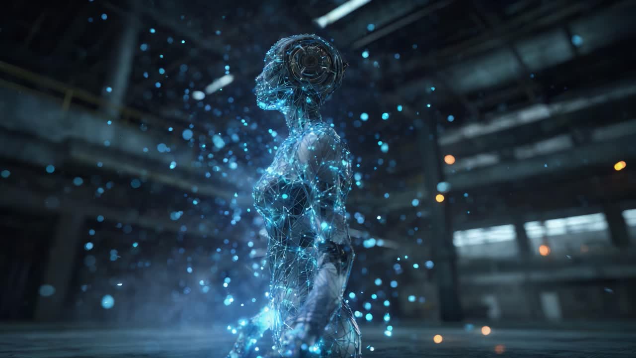 A Futuristic Digital Projection of a Human Figure Surrounded by a Network of Glowing Data Points in an Industrial Environment