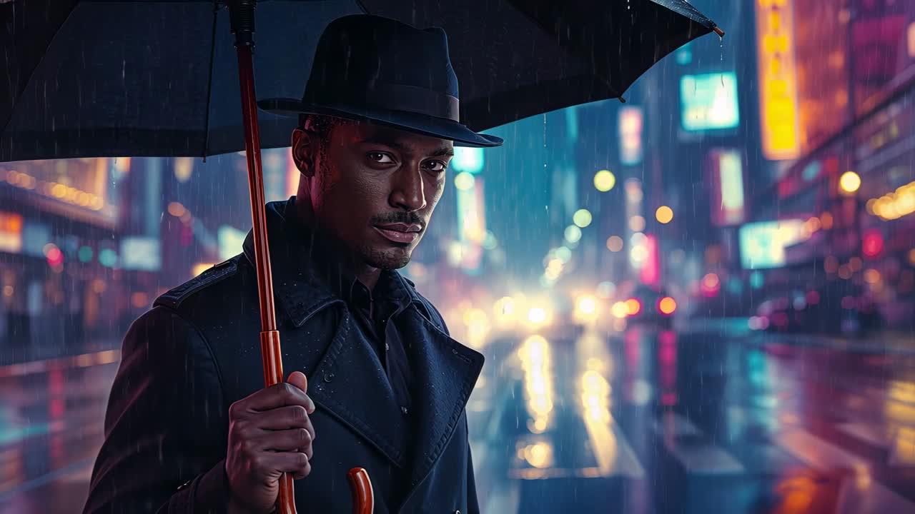 En mand, der holder en paraply, iført fedora og trenchcoat, venter ved et neonbelyst fodgængerfelt, mens forlygter nærmer sig.