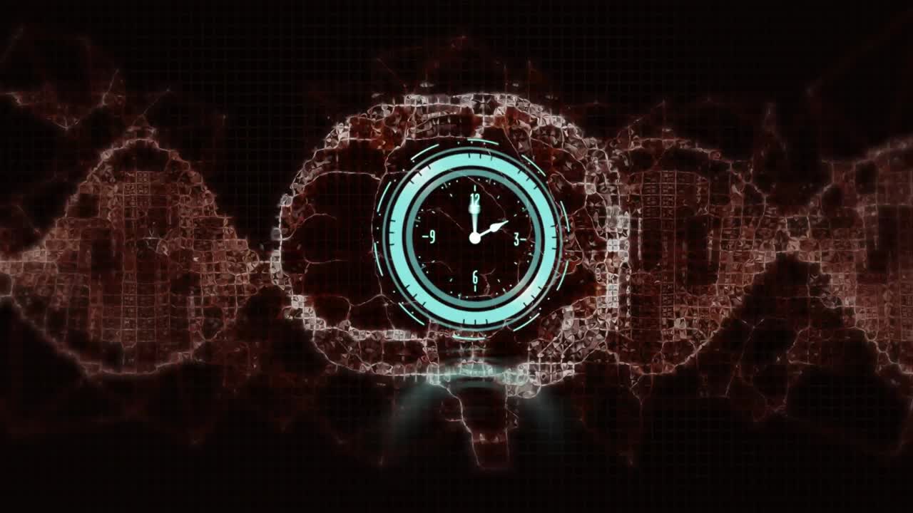 Animation of moving clock over dna strand with digital brain and purple shapes on black background