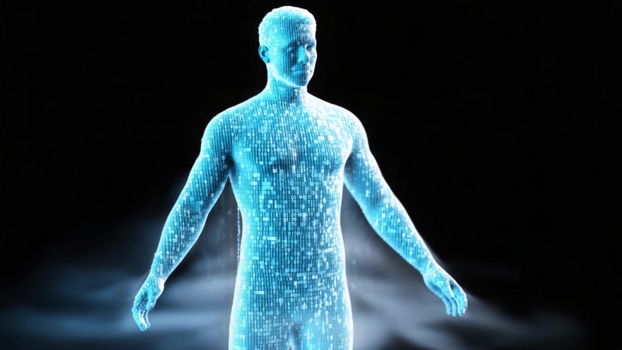 Una rappresentazione futuristica di una figura umana composta interamente da codici binari digitali scintillanti, che mostra l'intersezione tra tecnologia e forma umana in una narrazione visiva sorprendente