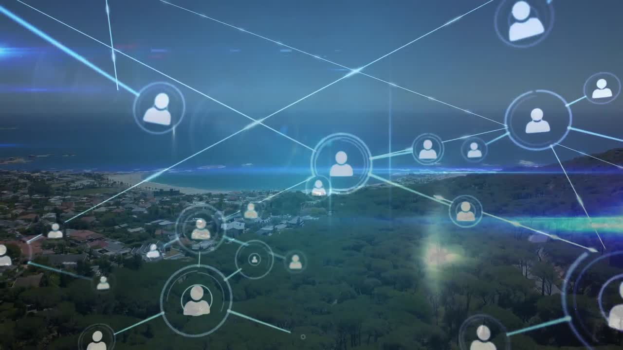 iconos de perfil y una vista de la ciudad