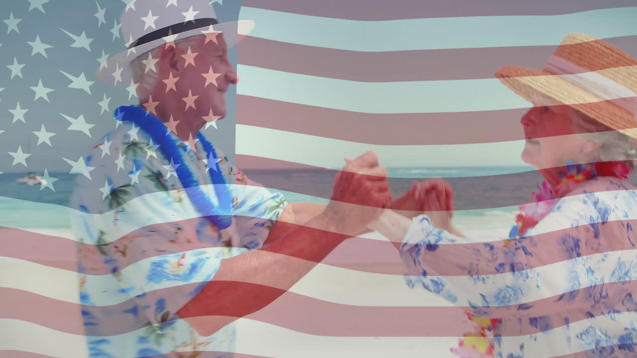una pareja de ancianos bailando en la playa sobre la animación de la bandera estadounidense.