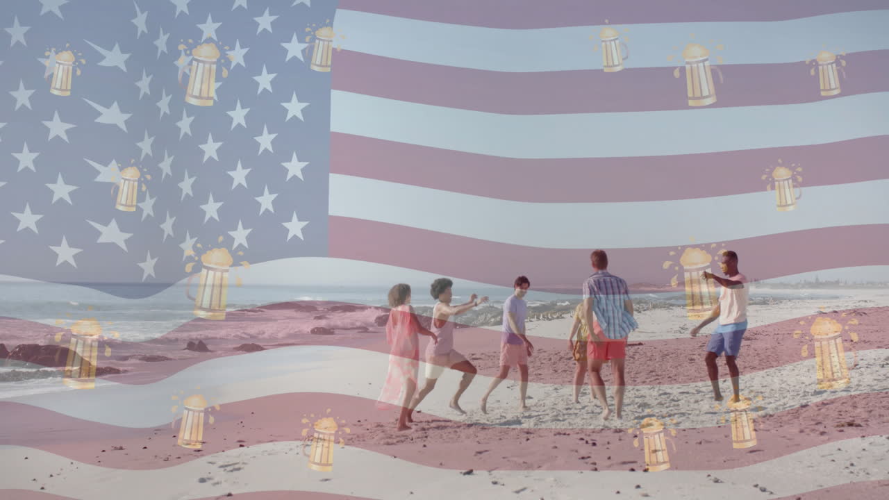 Animation of flag of usa and beer icons over happy diverse friends playing football on beach