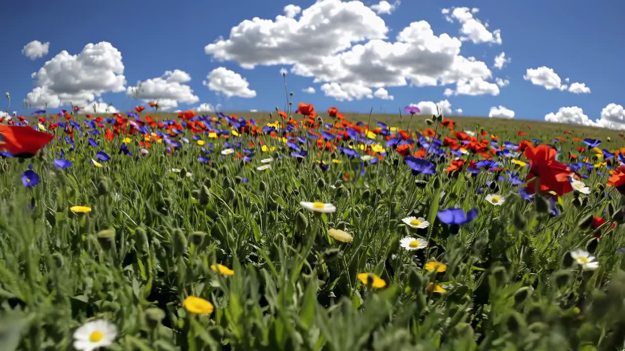 Campo vibrante de flores silvestres sob um céu azul brilhante com nuvens fofas, capturado de um ângulo baixo