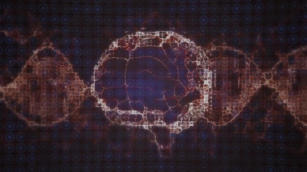 animación del cerebro digital y la cadena de adn sobre manchas brillantes sobre fondo negro