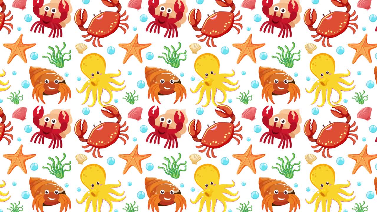 Animated ocean creatures in vibrant, seamless patterns