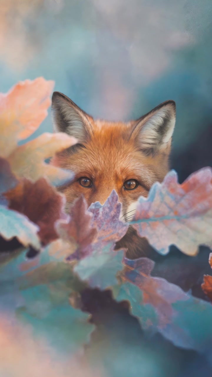 Volpe rossa che sbircia tra foglie autunnali colorate.