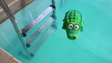 dispensador de cloro de cocodrilo flotando en agua de piscina transparente