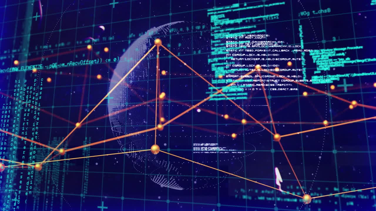 Animation of network of connections and data processing over globe on black background