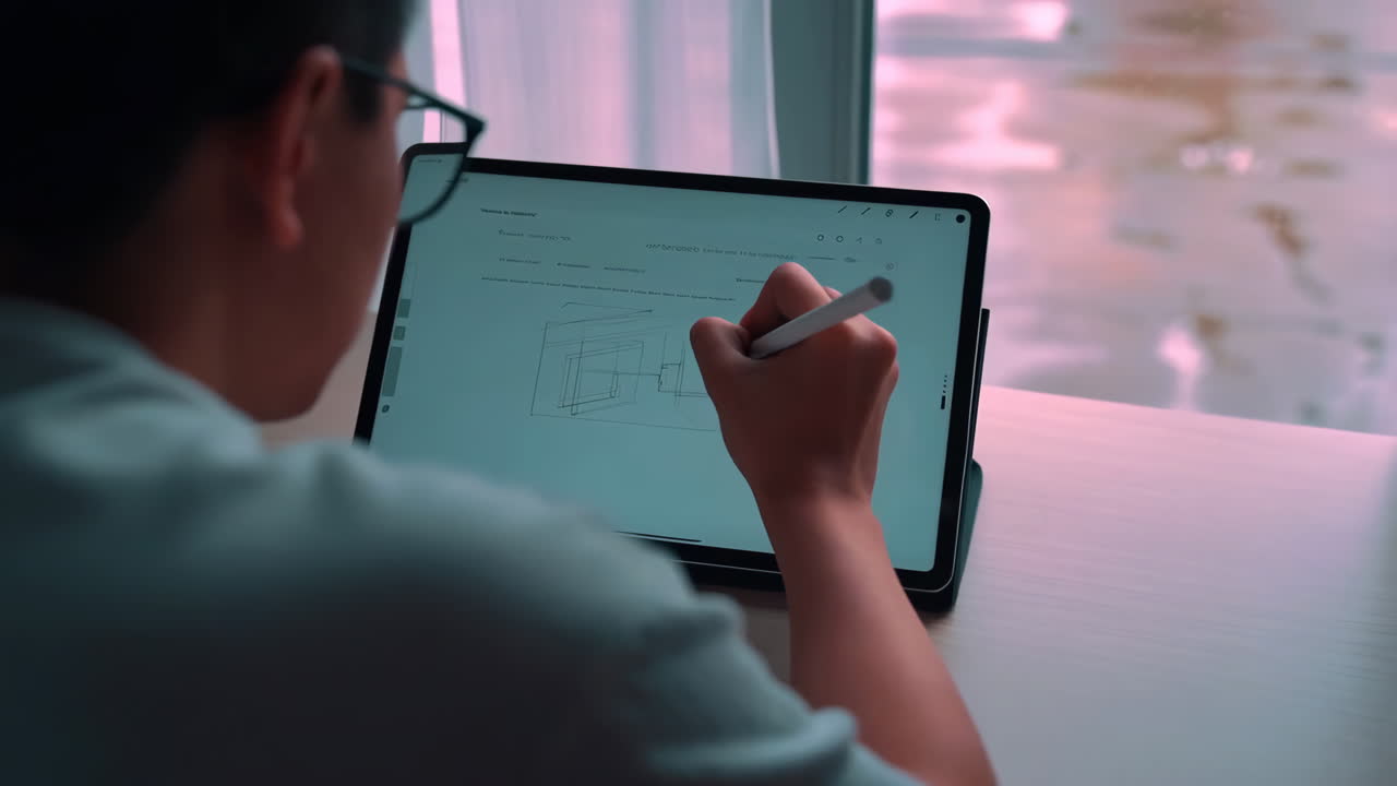 Person drawing on a digital tablet with a stylus