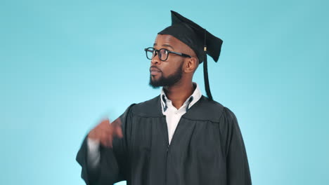 comparison, doubt and face of man graduate
