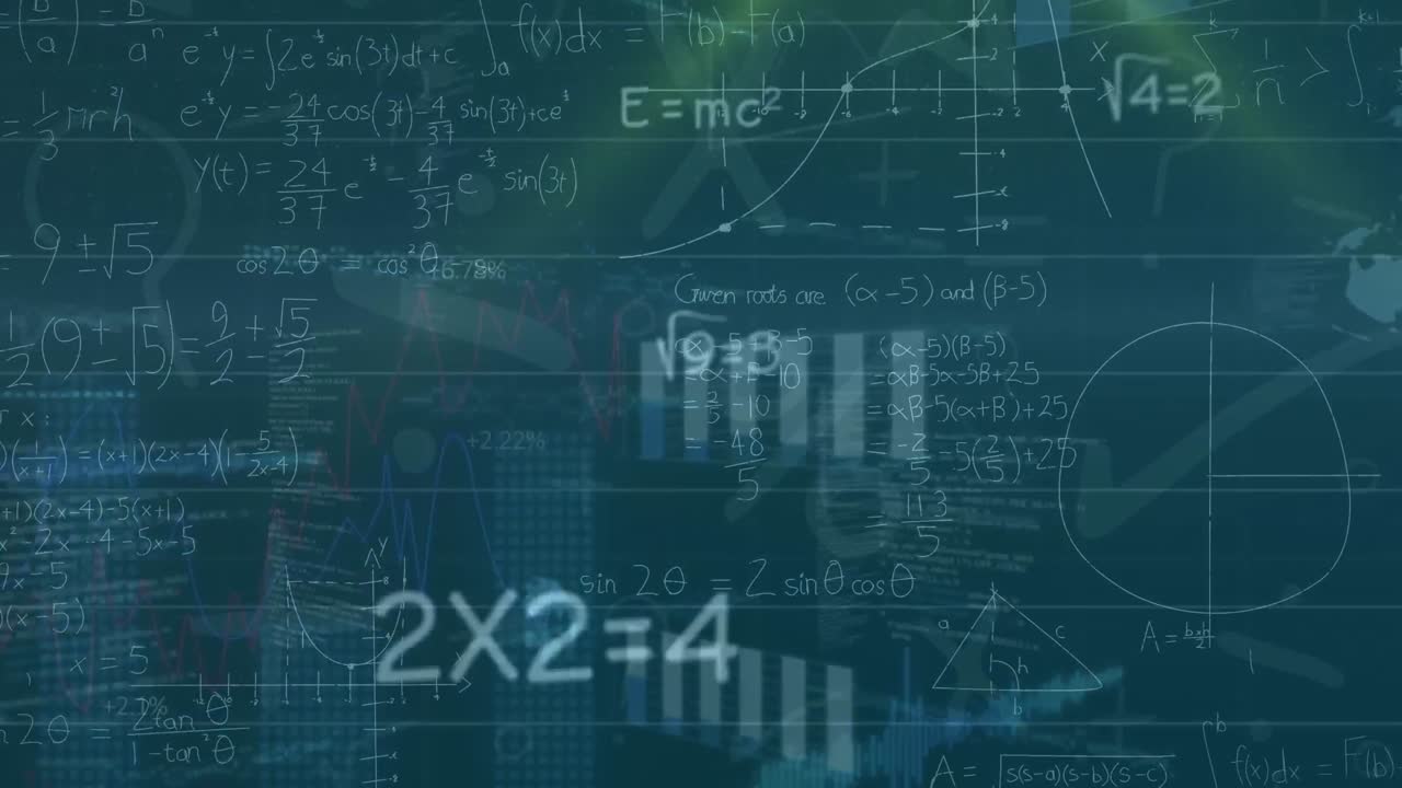 Animation of mathematical sums, graphs, globe, lens flare against green background
