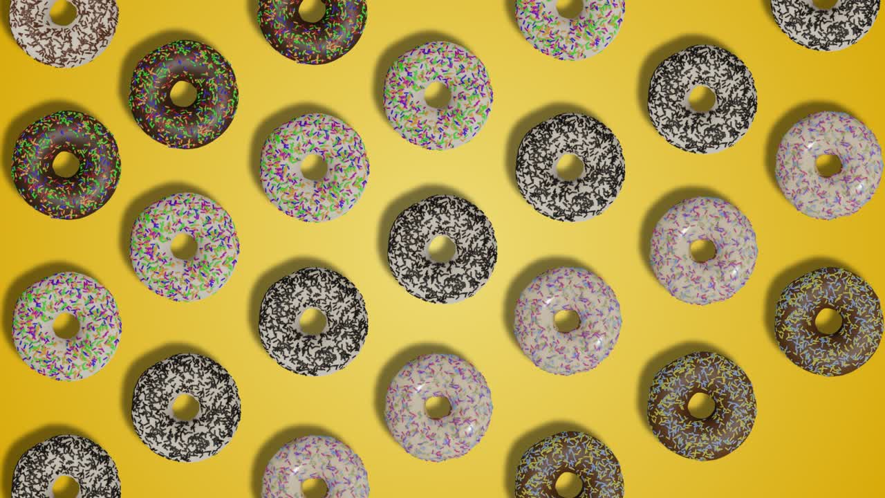 Tasty chocolate glazed donuts appears and disappears on yellow abstract background
