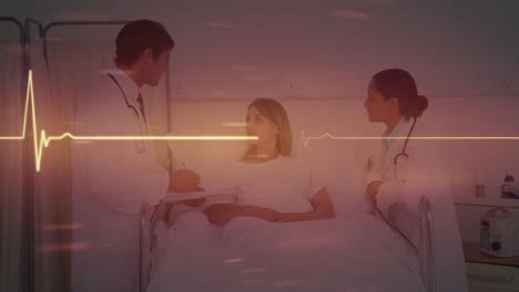 Animation-of-heart-rate-monitor-over-diverse-male-and-female-doctors-talking-to-female-patient