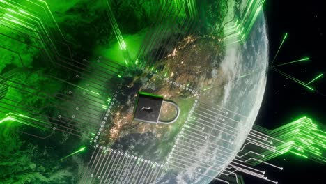padlock icon over north america with green digital lines around earth in space. futuristic cyber security and data protection concept. design for poster, wallpaper, banner, header.vertical