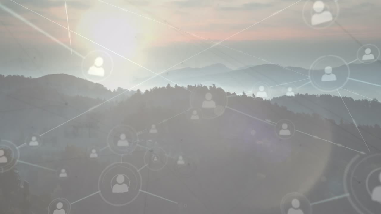 풍경 위의 아이콘으로 연결된 네트워크의 애니메이션