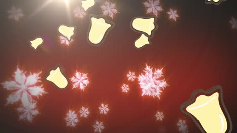 Christmas-bell-icons-falling-and-snowflakes-floating-against-spot-of-light-on-red-background