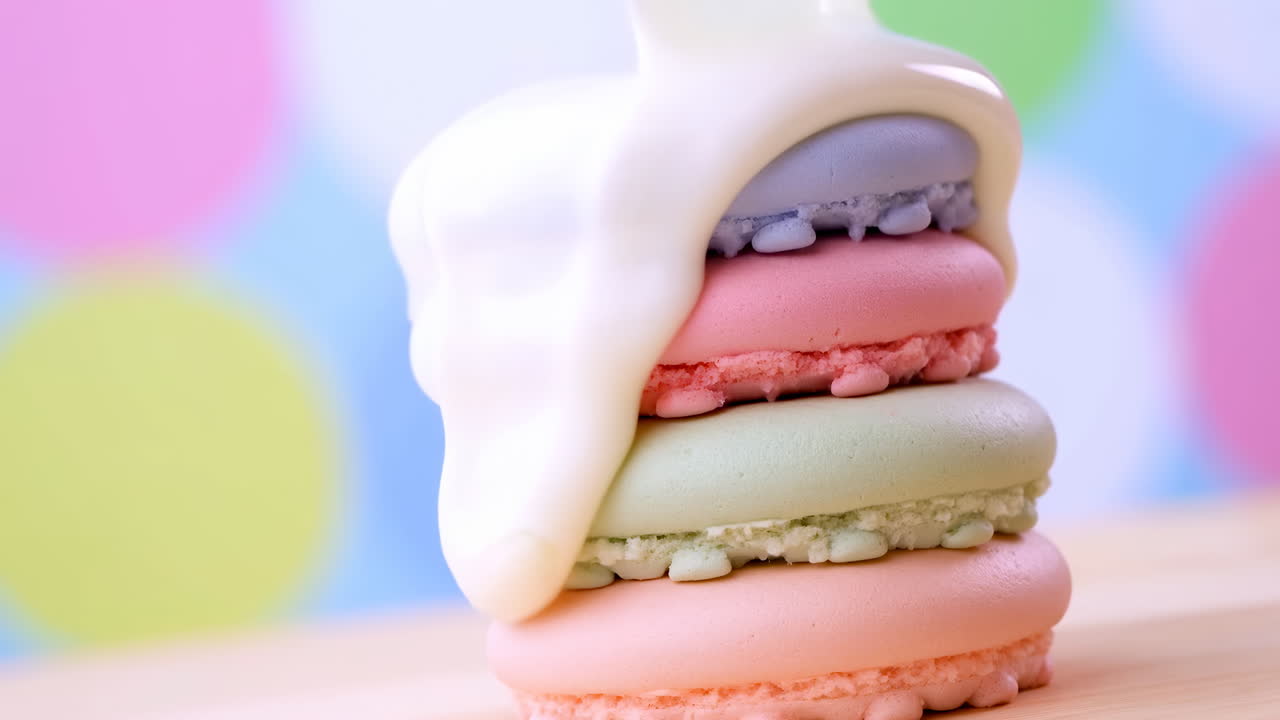 Pastel Macaron Stack With Glaze Pouring, Closeup Studio Shot Of Pastry Chef Finishing Colorful Dessert