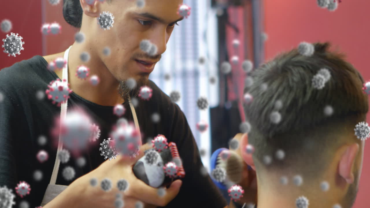 코로나19 세포는 미용실에서 털을 자르는 이발사에 대항합니다.