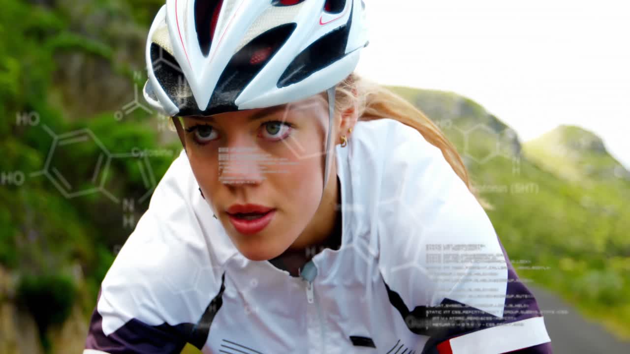 분자 구조의 애니메이션, 컴퓨터 언어, 여성 백인 자전거 타는 자전거