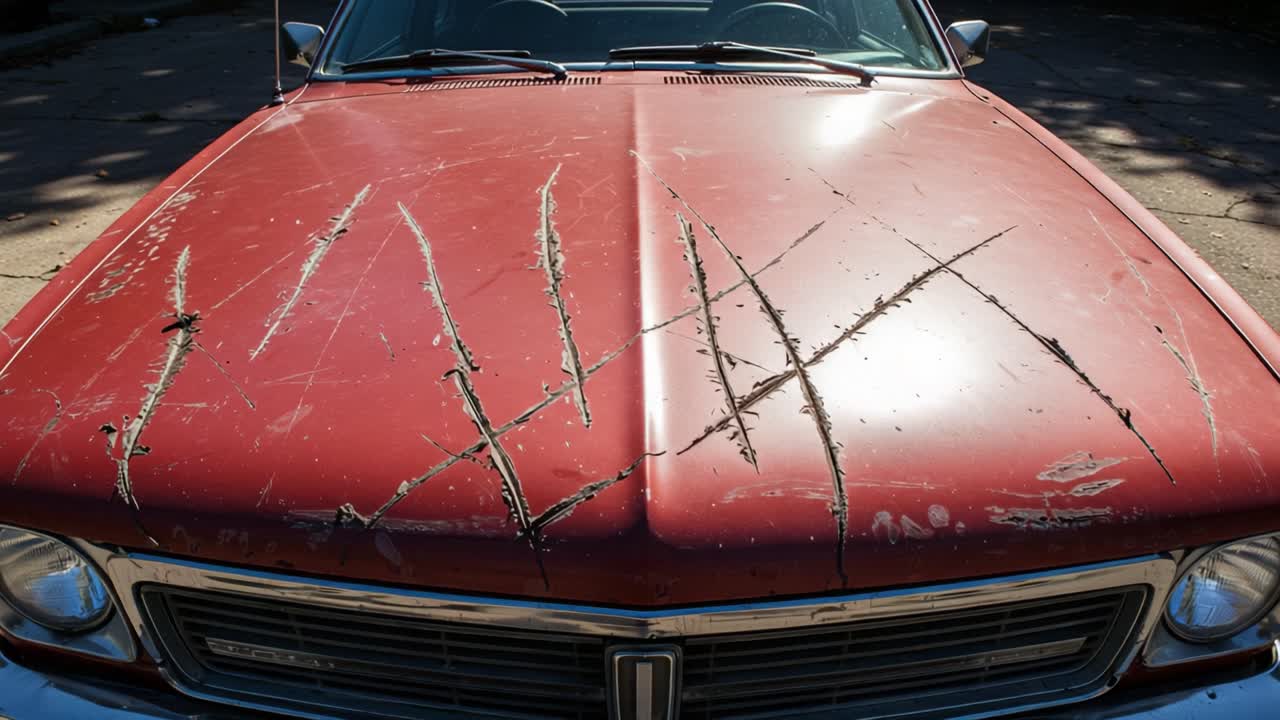 A Close-Up View of a Weathered Red Car Hood Featuring Distinctive Scratches and Marks, Highlighting the Effects of Time and Exposure in an Abandoned Environment