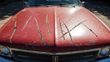 a close-up view of a weathered red car hood featuring distinctive scratches and marks, highlighting the effects of time and exposure in an abandoned environment
