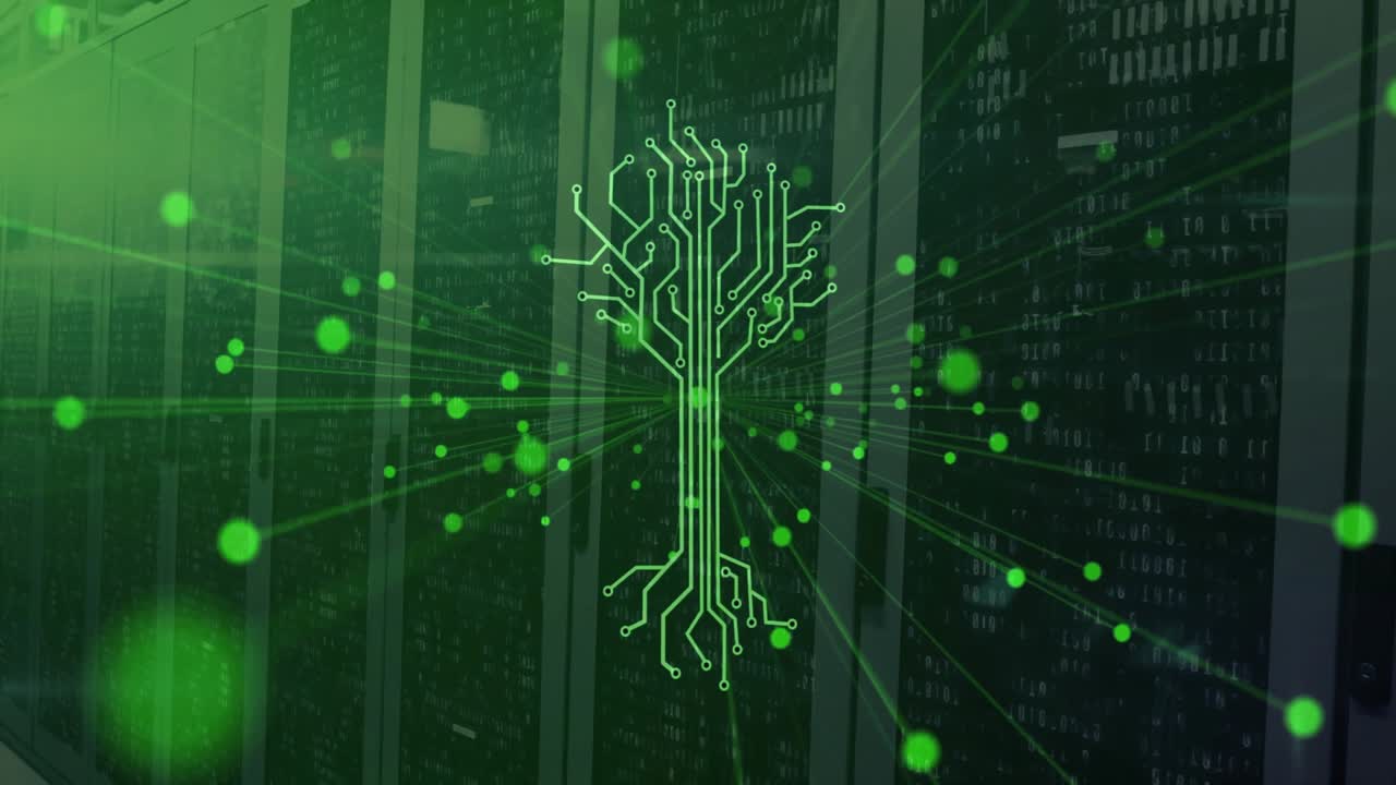 Showing server racks starting particles drifting and circuit sprouting tree while mapping network