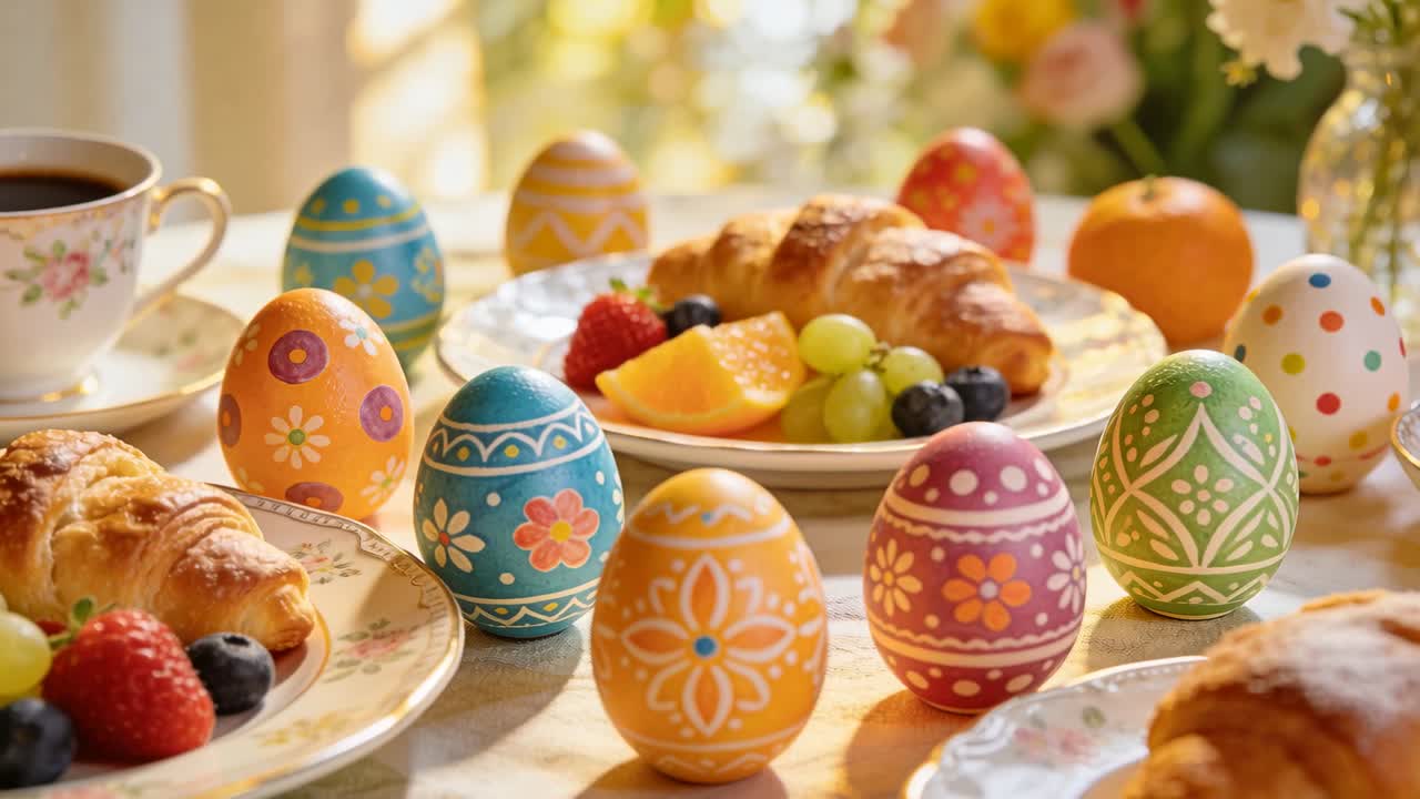 Pushing camera initiating push-in on painted eggs at home table, highlighting croissant and fruit