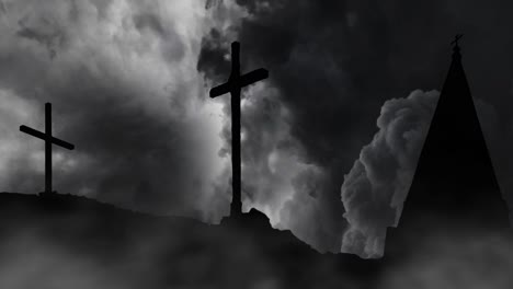 4k silhouette, three crosses on a hill