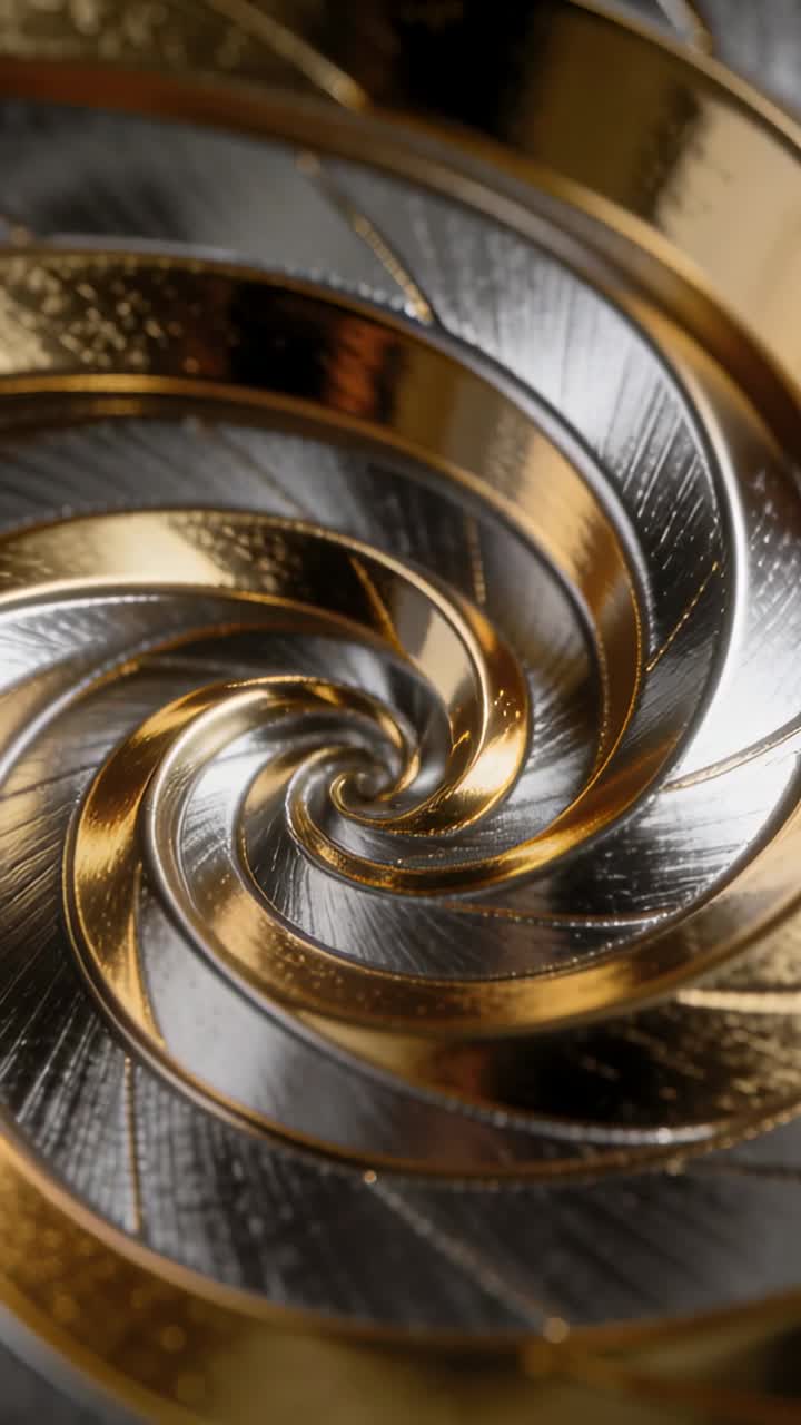 Video verticale: Spirale rotante oro e argento con luce in movimento in studio che rivela una texture butterata