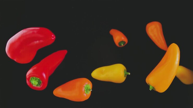 Colorful peppers flying over black background