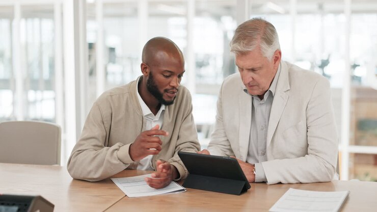 Documents, tablet or financial advisor with black