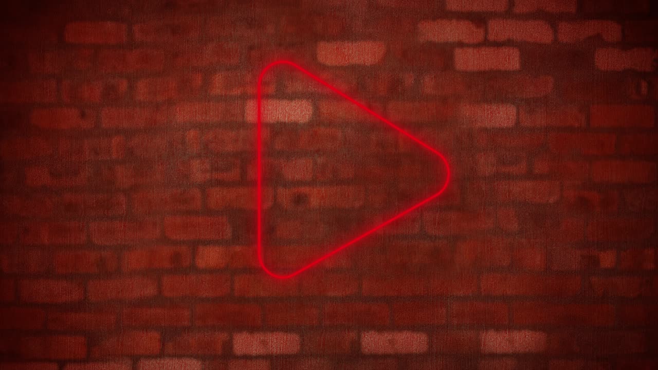 Animazione di icona di riproduzione al neon tremolante su muro di mattoni