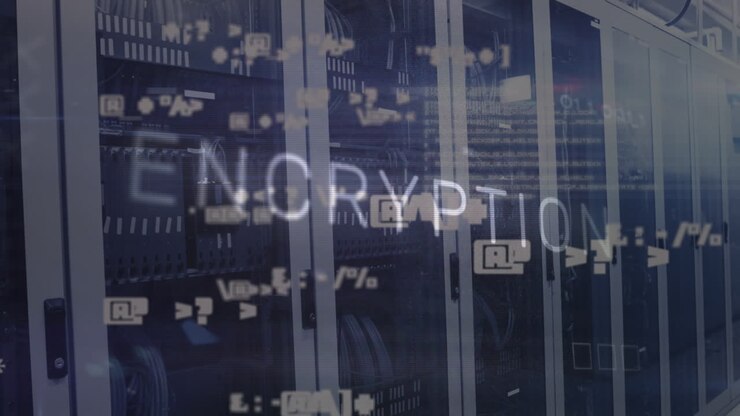 Animation of encryption text, symbols and circuit board pattern over server room in background