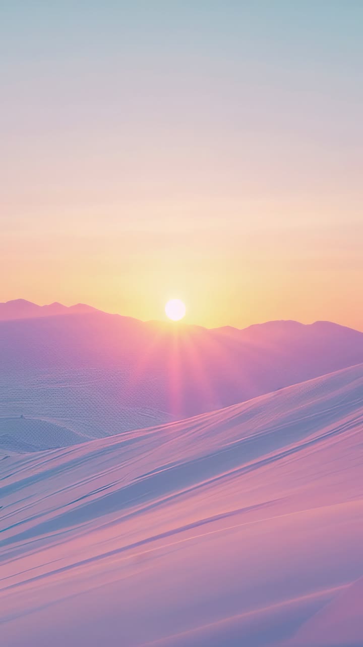 Vertical video: Rising sun disk climbing above mountain ridge, brightening snow to signal dawn