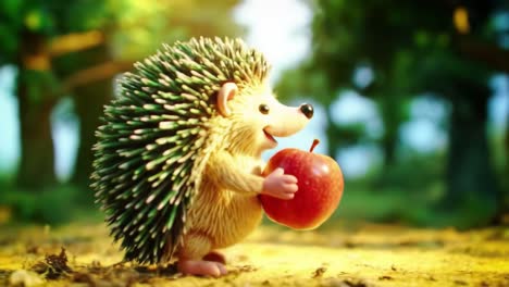 a cheerful hedgehog enjoys an apple in a lush, sunlit forest, portraying the joy of nature and simple delights amidst vibrant greenery