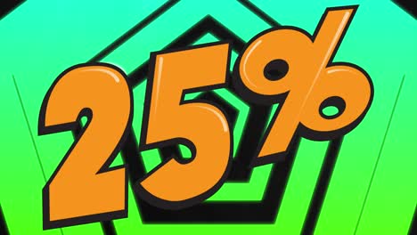 animation of rotating pentagons and 25 percent off on green background