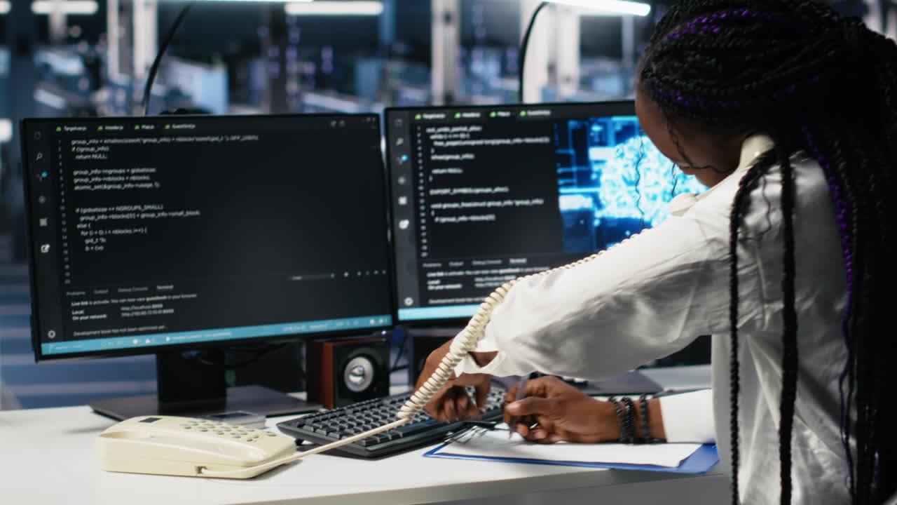 Data Center Admin Receiving Phone Call, Using Ai Assistant For Tech Support