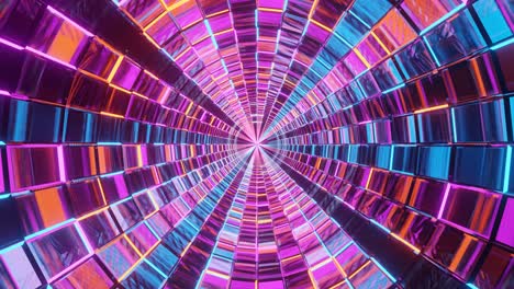 ciencia ficción de gráficos en movimiento: viajar dentro de un corredor de nave espacial futurista de coloridos patrones de ladrillo y líneas rectas hacia dos círculos blancos