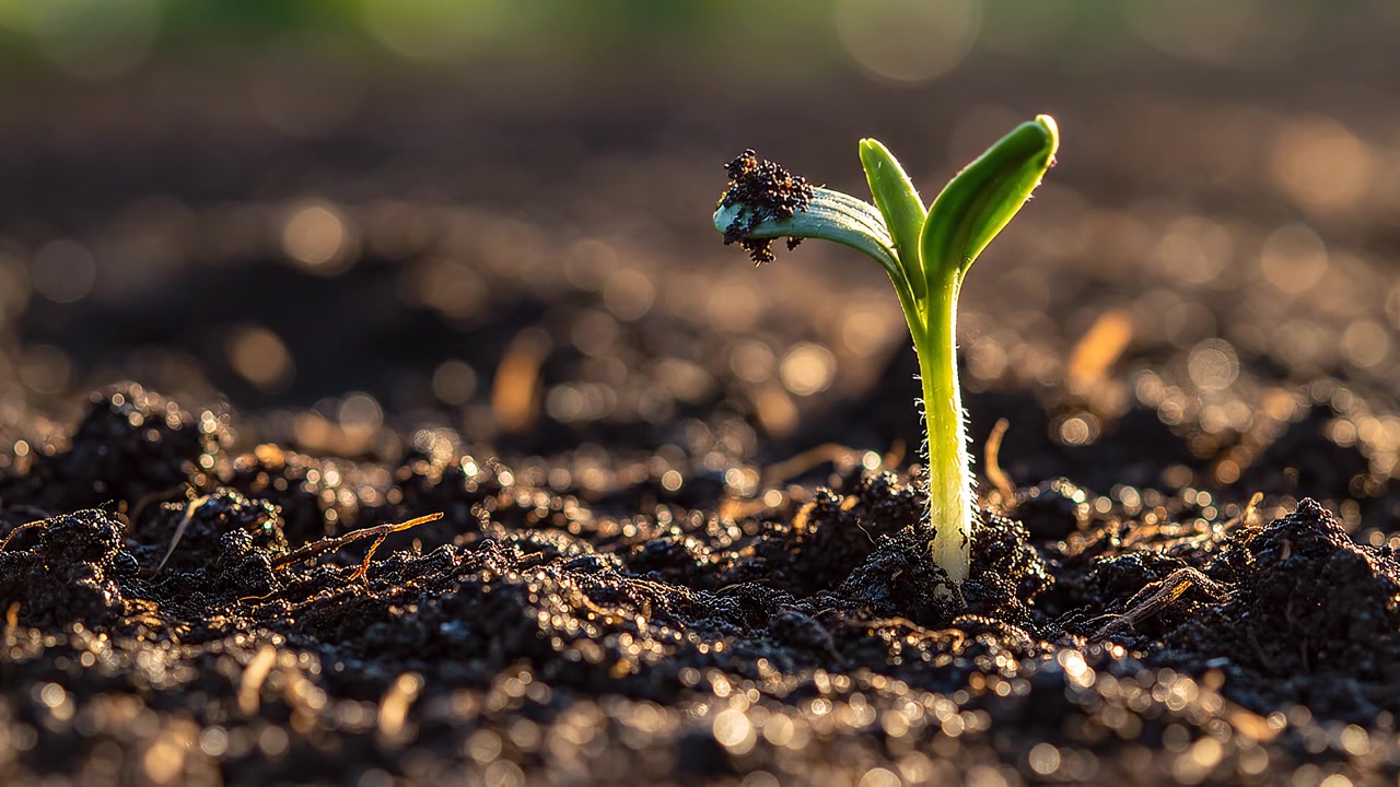Giovane germoglio verde che emerge da terreno scuro e fertile