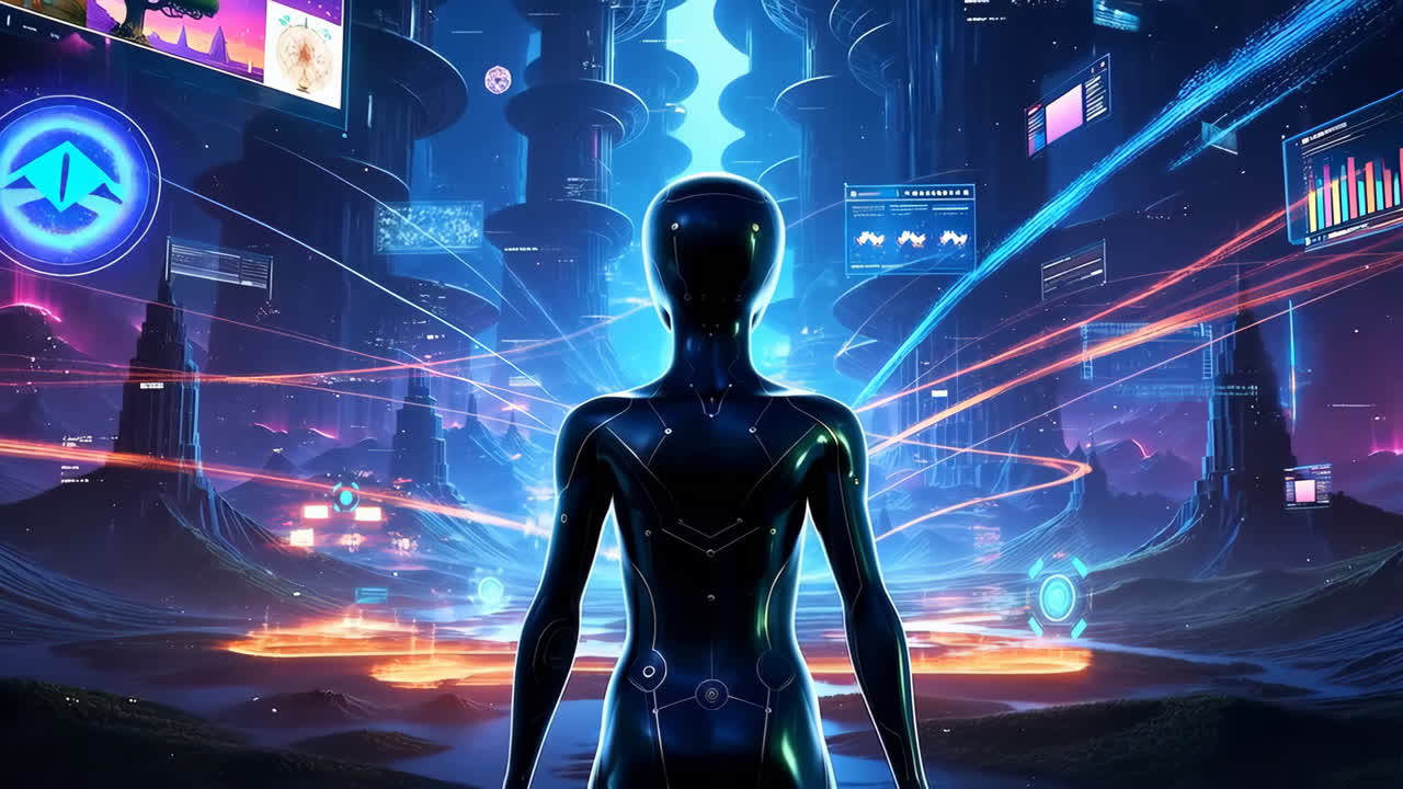 A Cybernetic Figure Navigating a Futuristic Digital World