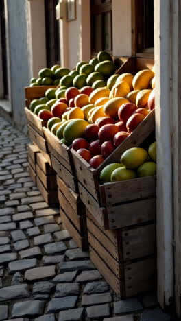 colorful mangoes displayed in wooden crates on a cobblestone street