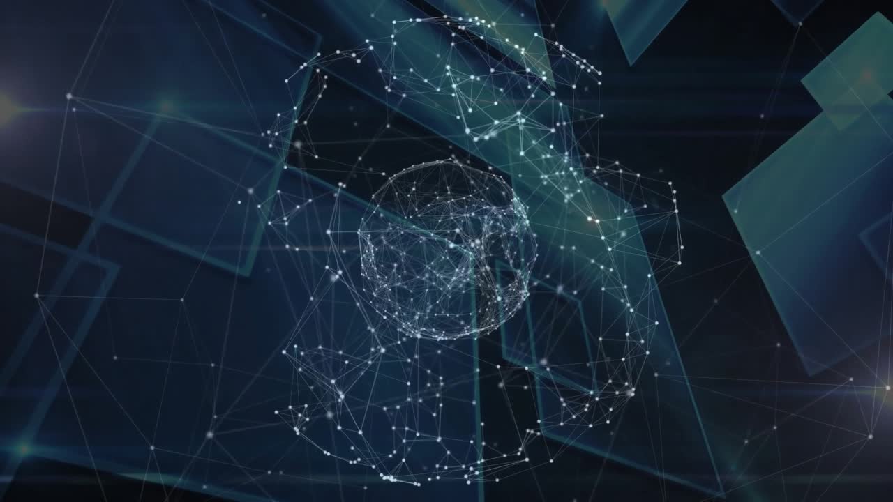 Light beams linking nodes, shell fracturing, orb pulsing, shards recombining visualizing network