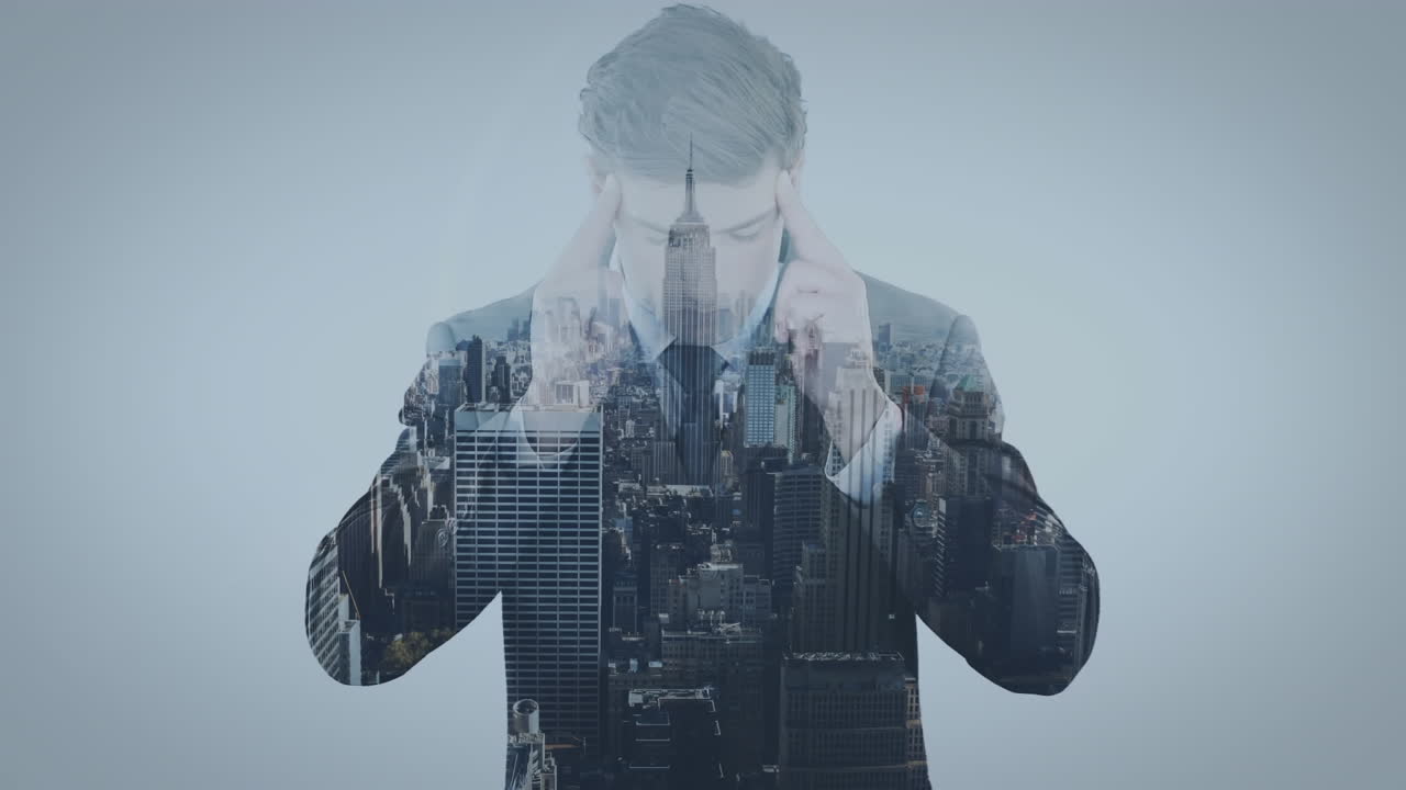 도시 풍경과 사업가 위에 보라색 패턴의 애니메이션