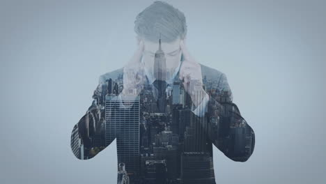 animation of purple pattern over cityscape and businessman