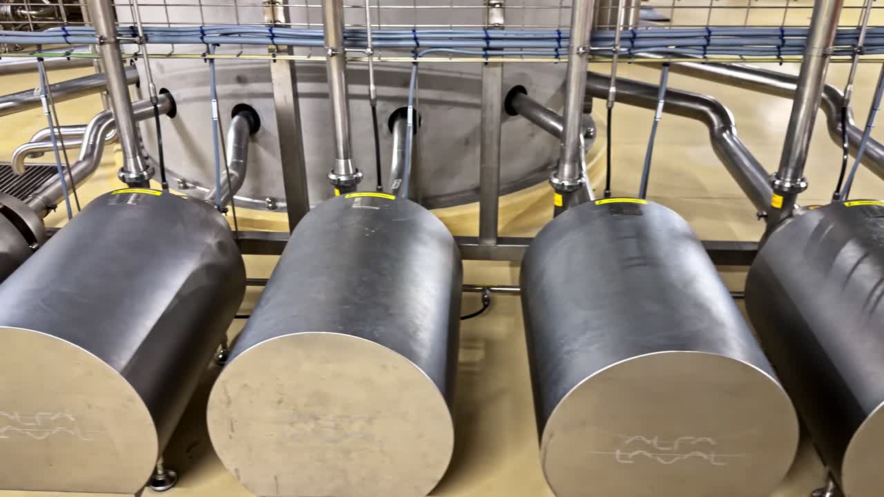 Fileira de tanques horizontais de aço inoxidável conectados por tubulações dentro de uma instalação industrial de processamento limpa