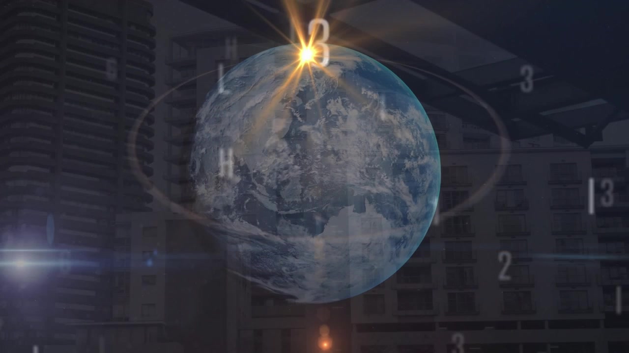 Animation d'un globe et d'un réseau de connexions superposés au traitement de données.