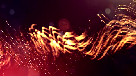 3d render loop animation of glow particles form oscillating lines as swinging garland as holyday background or abstract background of particles with depth of field and bokeh like vj loop. red gold 20