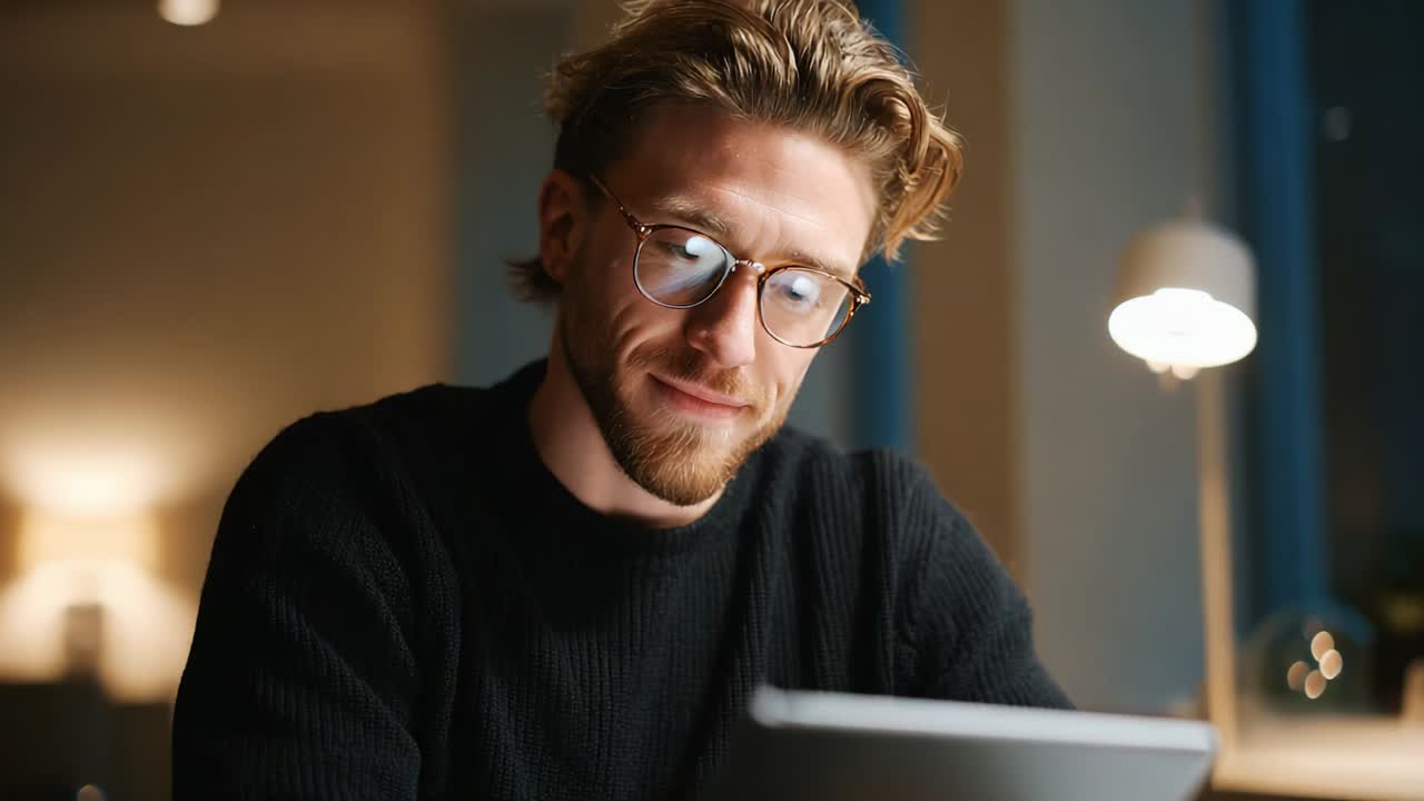 A young man immersed in technology, enjoying a digital experience. With glasses, he focuses on his tablet, radiating joy and curiosity. The warm ambiance adds to the engaging moment of connection and discovery